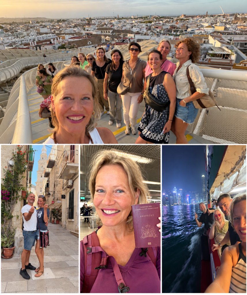 Esther in Seville, Puglia, at the airport with her passport and in Hong Kong